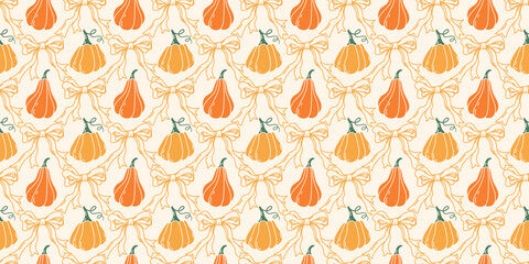 Pumpkins with Coquette Bows Seamless Pattern