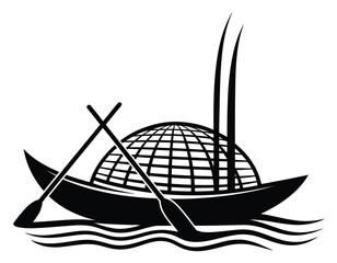 Fototapeta premium Minimalist black and white globe boat logo design vector graphic icon illustration silhouette vector illustration white background