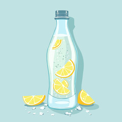 A glass bottle of sparkling water with lemon slices, showcasing a refreshing beverage.