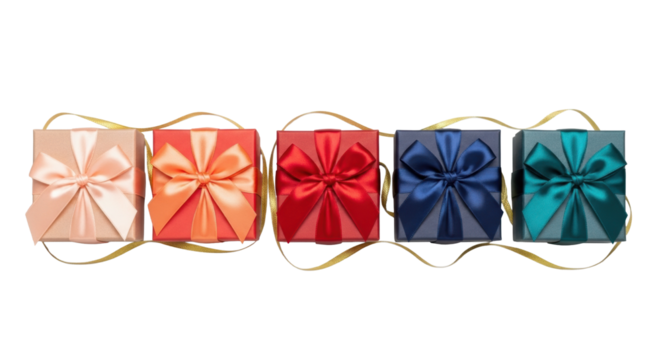 Five square gift boxes (peach, coral, red, navy, teal) with satin and gold ribbons, precisely arranged flat lay on a transparent, shadowless background, elegant product display