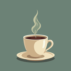 A steaming cup of coffee sits on a saucer against a muted green background.
