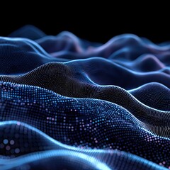 Abstract digital wave patterns in deep blue and dark gray.  Close-up view of undulating forms made of glowing points