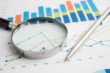 Magnifying glass on charts graphs paper. Financial development, Banking Account, Statistic, Investment Analytic research data economy.