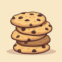 A stack of four freshly baked chocolate chip cookies, ready to eat.