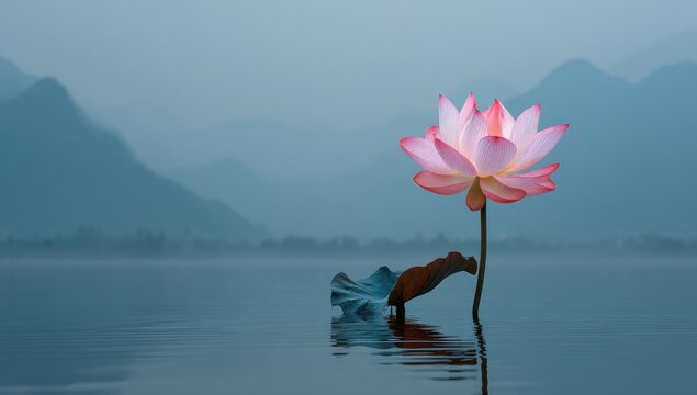 Pink lotus flower on still water, misty mountains in background - Powered by Adobe