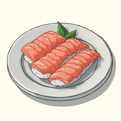 Three pieces of salmon sushi artfully arranged on a plate, garnished with a sprig of mint.