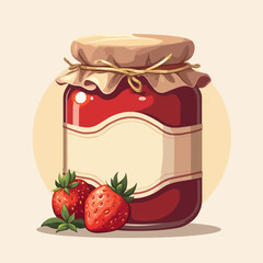A jar of homemade strawberry jam sits on a beige background, adorned with a simple label and fresh strawberries.