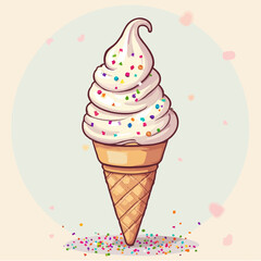 A cartoon ice cream cone with swirls of white ice cream topped with colorful sprinkles.