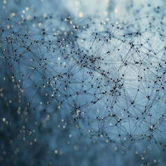 Abstract network of interconnected nodes. Soft focus, light-blue backdrop with numerous dark lines and dots