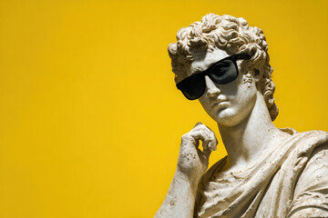 A plaster statue of David's head wearing dark sunglasses against a yellow background. Minimalistic concept art.