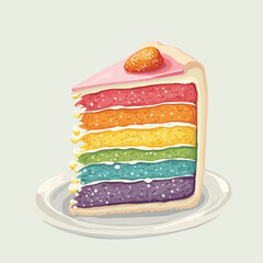 A colorful rainbow layer cake slice, decorated with frosting and a strawberry, displayed on a white plate.