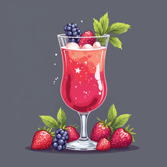 A tall glass filled with a red drink, topped with berries and surrounded by strawberries, blackberries, and green leaves.