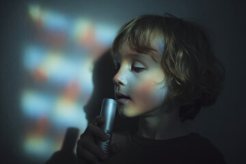 child holding ultrabright flashlight illuminating dark surroundings sparkles with ar effects