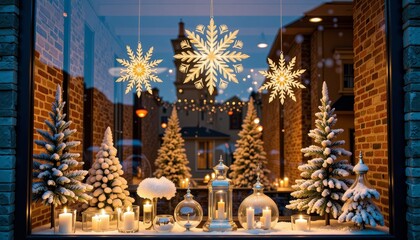 Fototapeta premium Enchanting Window Display Featuring Illuminated Snowflakes and Festive Decor Amid a Cozy Winter Wonderland with Snow-Covered Trees and Flickering Candlelight