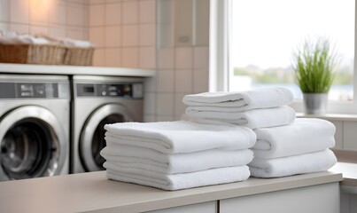 Modern industrial laundry, stainless steel washing machines, neatly folded white linens, bright and clean minimalist environment, premium health & eco brand style