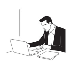 Black and white line art of a hardworking man at office desk with laptop and documents minimalist illustration