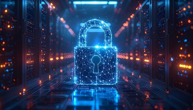 Futuristic server room with digital lock - Powered by Adobe