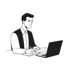 Black and white line art of a hardworking man at office desk with laptop and documents minimalist illustration