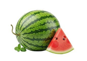 Whole striped watermelon, water droplets, mint, beside vibrant red slice, black seeds, on transparent. Refreshing food concept