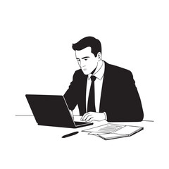 Black and white line art of a hardworking man at office desk with laptop and documents minimalist illustration