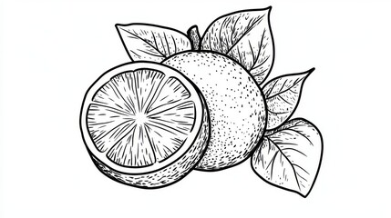 96.A cute lemon coloring page for kids, featuring a simple and clear line drawing of a lemon fruit with a textured peel and leafy stem. The lemon is outlined with thick black lines to make it easy