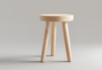 A minimalist wooden stool with three legs on a plain gray background
