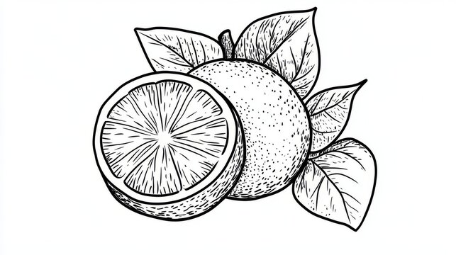 96.A cute lemon coloring page for kids, featuring a simple and clear line drawing of a lemon fruit with a textured peel and leafy stem. The lemon is outlined with thick black lines to make it easy