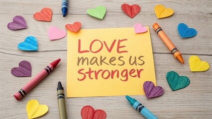 Colorful Heart Shapes and Crayons with Love Note on Wood Background