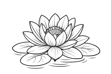 Fototapeta premium Vector minimal line art of lotus flower floating peacefully on water, presented in black and white with thick outlines, perfect for decorative artwork.