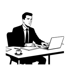 Black and white line art of a hardworking man at office desk with laptop and documents minimalist illustration