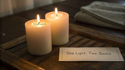Cozy Candlelit Setting with Inspirational Note on Natural Wood Tray
