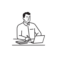 Black and white line art of a hardworking man at office desk with laptop and documents minimalist illustration