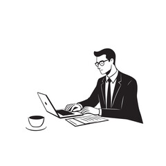 Black and white line art of a hardworking man at office desk with laptop and documents minimalist illustration