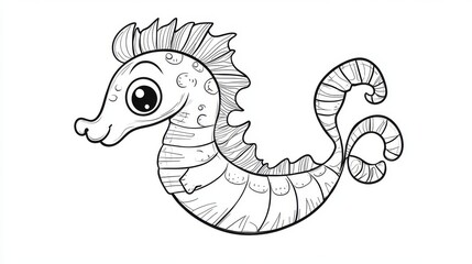 Fototapeta premium 6.A sweet black-and-white vector illustration of a cute cartoon seahorse, perfect for a children's coloring book. The seahorse has a long, spiral tail, small fins, and an adorable face with wide