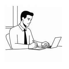 Black and white line art of a hardworking man at office desk with laptop and documents minimalist illustration