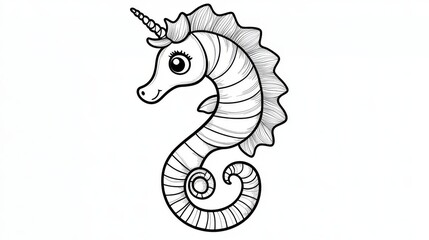 Obraz premium 7.A charming black-and-white drawing of a cartoon seahorse for a kids' coloring activity. The seahorse features a gently curved body, a delicate spiral tail, and small, round fins. Its face is