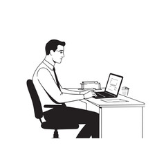Black and white line art of a hardworking man at office desk with laptop and documents minimalist illustration