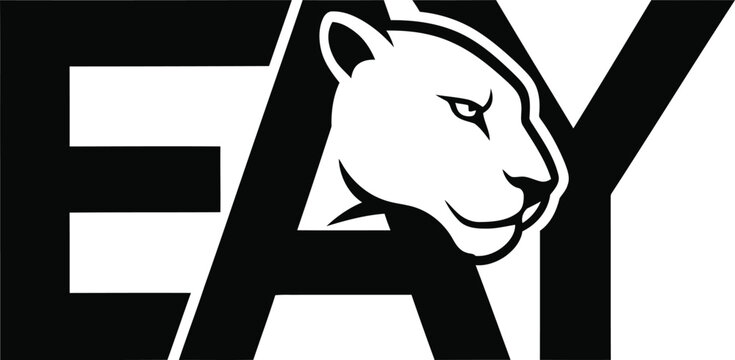 Bold black letters eay with a white panther head logo