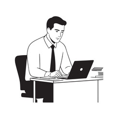 Black and white line art of a hardworking man at office desk with laptop and documents minimalist illustration