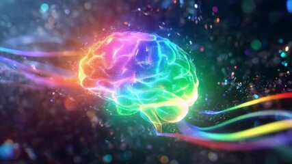 Digital brain pulsating with rainbow light while colorful data streams flow through it, representing concepts of artificial intelligence, creativity, machine learning, and neural network technology - Powered by Adobe