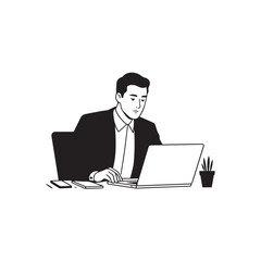 Black and white line art of a hardworking man at office desk with laptop and documents minimalist illustration