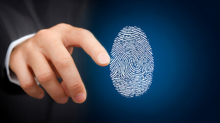 A hand reaching toward a digital fingerprint projection on a dark background