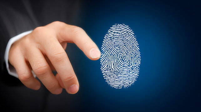 A hand reaching toward a digital fingerprint projection on a dark background - Powered by Adobe