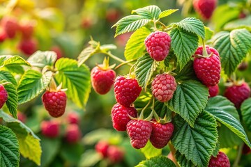 Bunch of red raspberries hanging from a tree
