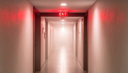 Long corridor with exit sign glow diffused through haze restrained red accent representing minimal interior suspense and clean architectural lines suitable for editorial covers film posters 