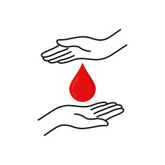 charity or donation icon with two hands and blood drop