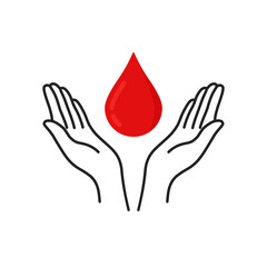 two hands with red blood drop like donation icon