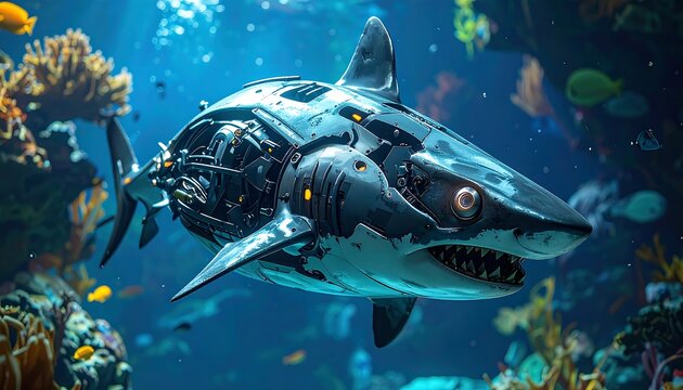 Futuristic shark in a vibrant underwater scene - Powered by Adobe