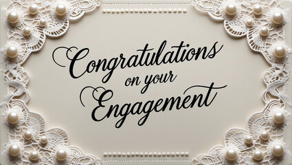 lace patterns and delicate pearl-like embossed dots ornamenting the border, featuring elegant gold cursive script “Congratulations on Your Engagement Day” in a beautiful, flowing handwritten style