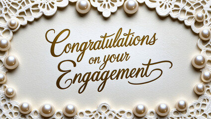 lace patterns and delicate pearl-like embossed dots ornamenting the border, featuring elegant gold cursive script “Congratulations on Your Engagement Day” in a beautiful, flowing handwritten style